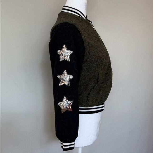 Limited Too Olive Army green and Black Varsity Jacket with sequins Stars - Picture 3 of 8